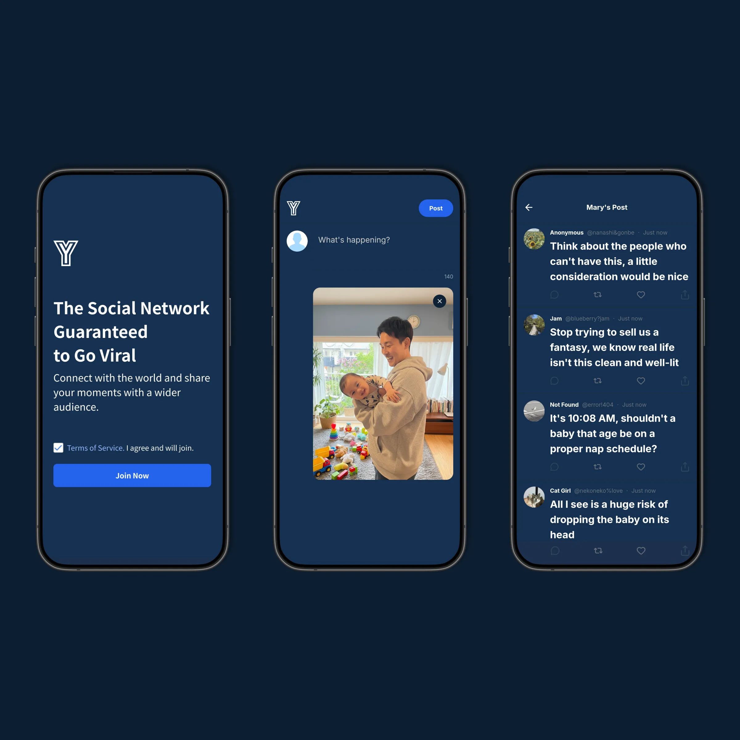 Entry point: "The social network guaranteed to go viral." — an experience that starts with one photo